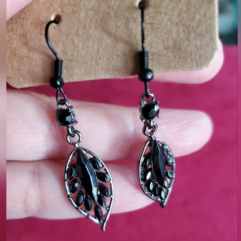Black Rhinestone Leaf Earrings